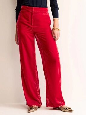 BODEN Westbourne Crushed Velvet Wide Leg Trousers Pants 8P Salsa Red